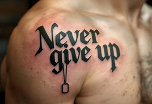 "Never give up" in military stencil font, in olive green with dog tags hanging from one letter. tattoo idea