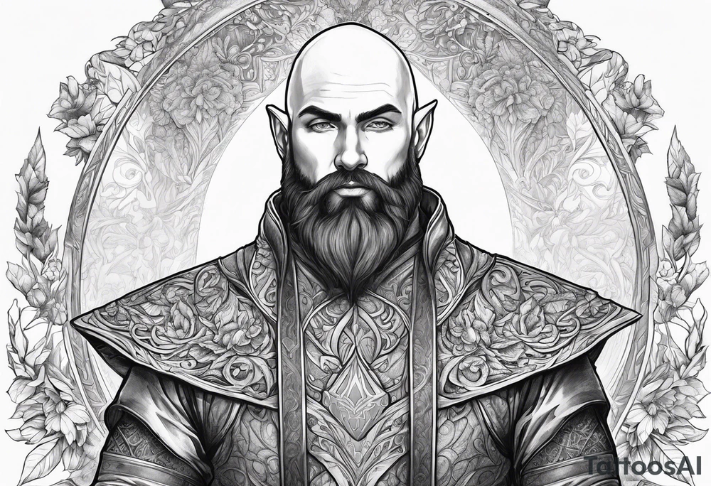 human-elf, bearded bald male, paladin, full body tattoo idea