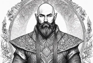 human-elf, bearded bald male, paladin, full body tattoo idea