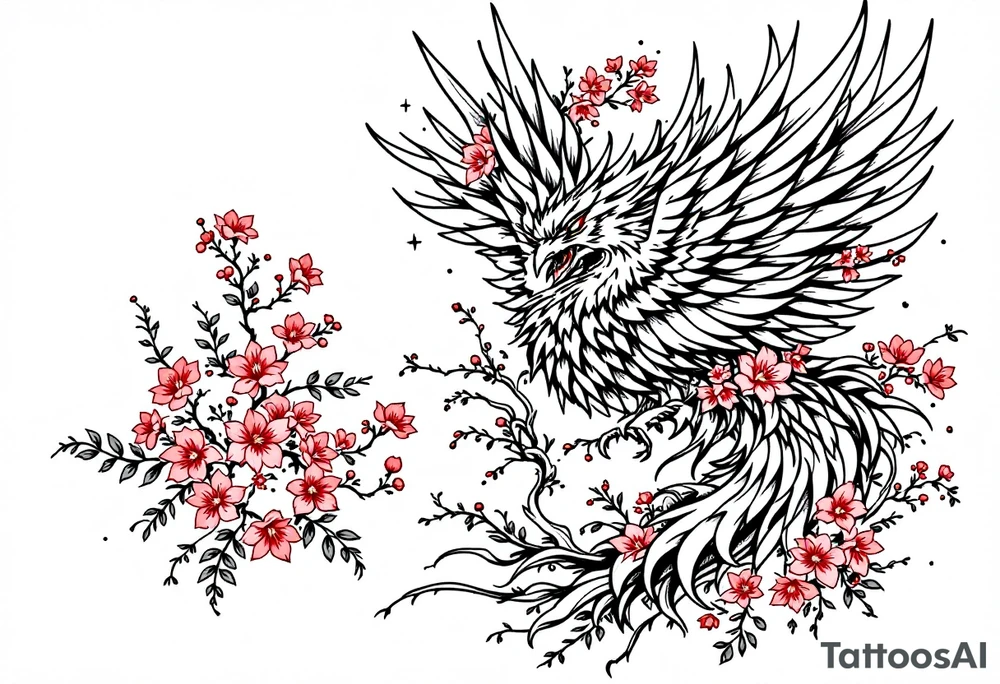 powerful japanese phoenix surrounded by maple leaf and cherry blossom tattoo idea