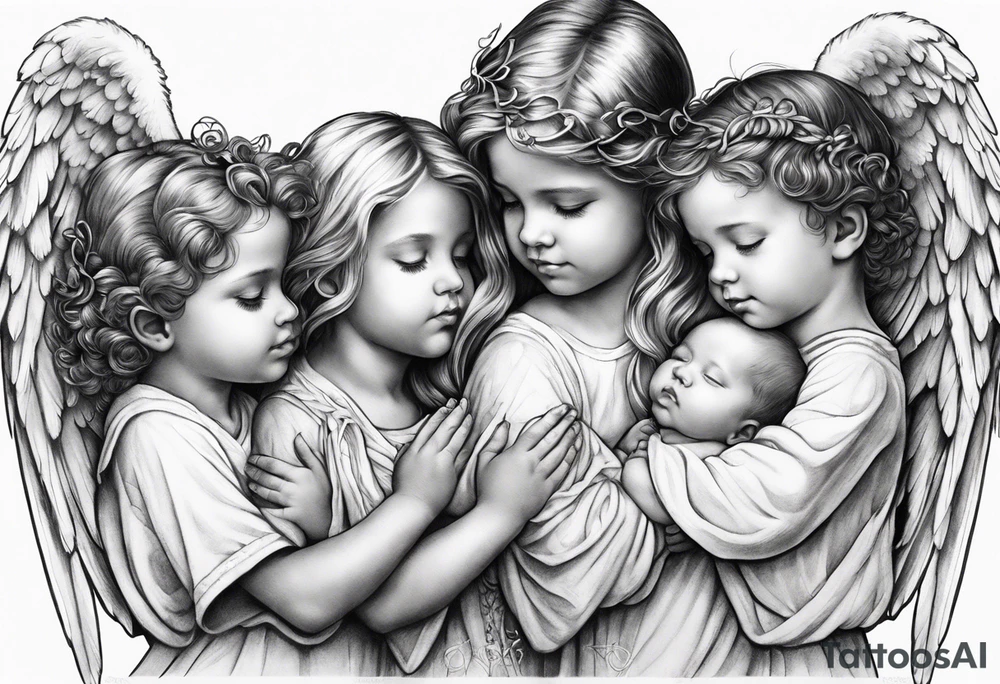 Six angels praying together. Three boy angels,  and three girl angel, with their wings gently unfolding a baby angel in a protective embrace tattoo idea