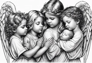 Six angels praying together. Three boy angels,  and three girl angel, with their wings gently unfolding a baby angel in a protective embrace tattoo idea