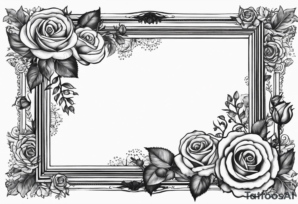 Vintage picture frame inthe picture frame there are roses and baby’s breath flowers tattoo idea