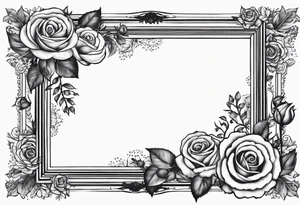 Vintage picture frame inthe picture frame there are roses and baby’s breath flowers tattoo idea