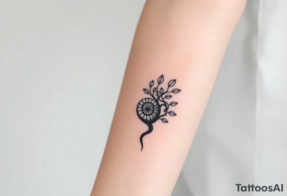 Fibonacci spiral shell inside of tree with leaves tattoo idea