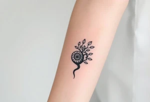 Fibonacci spiral shell inside of tree with leaves tattoo idea