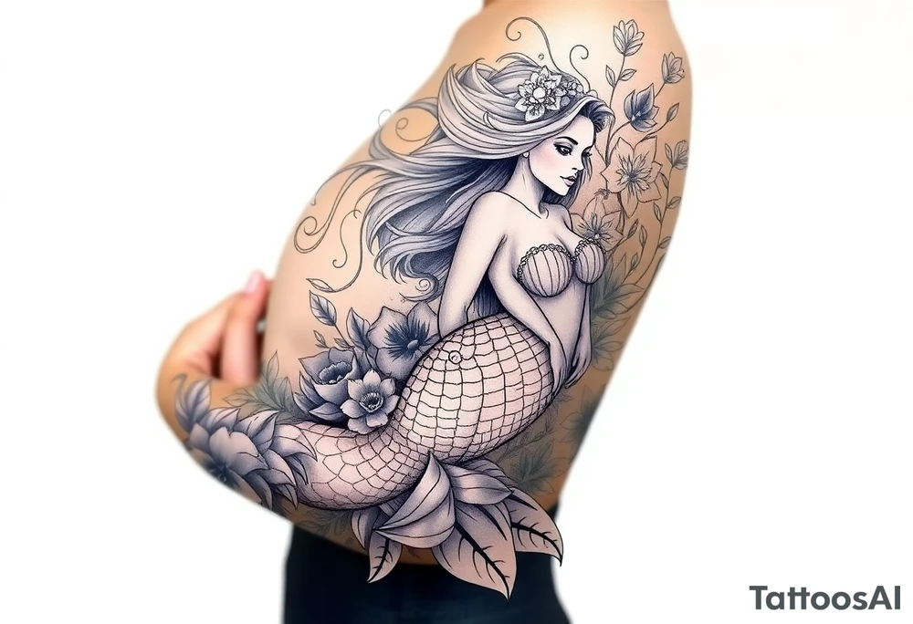 ethereal mermaid with flowing hair among coral and sea flowers tattoo idea