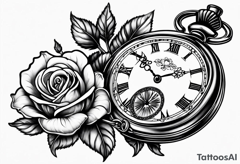 Pocket watch with chain and roses tattoo idea