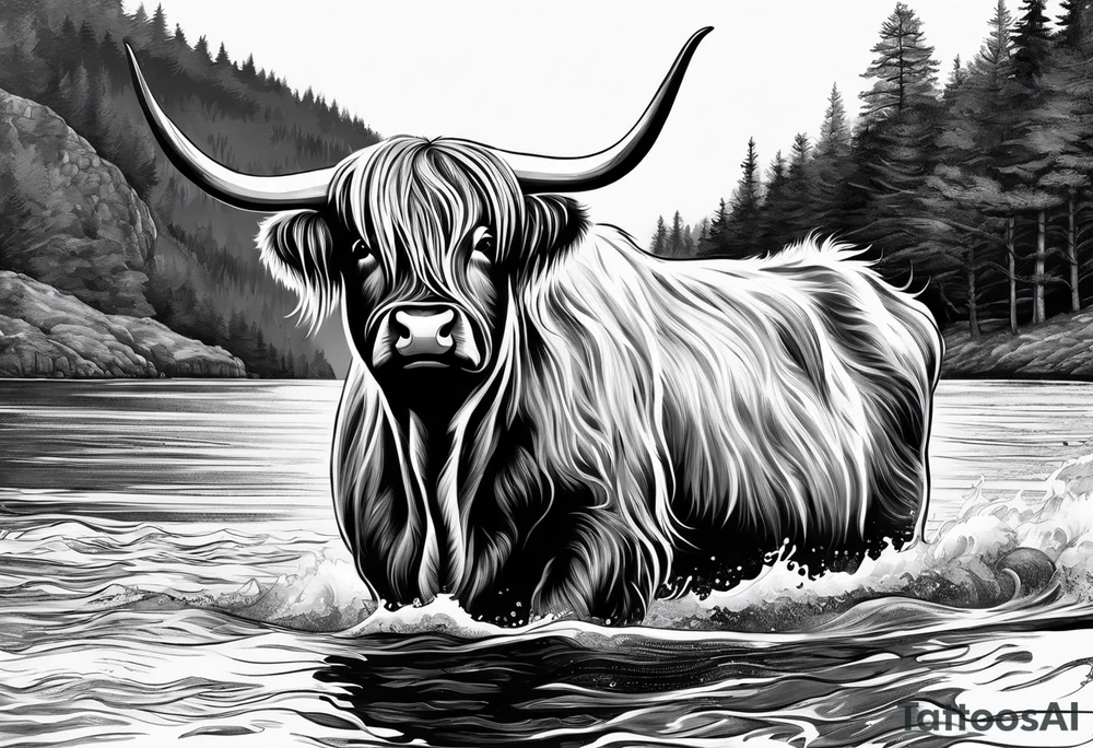 A highland cow riding Nessie from Loch Ness tattoo idea