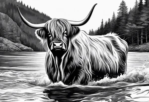 A highland cow riding Nessie from Loch Ness tattoo idea