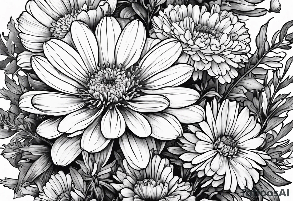 half sleeve botanical illustration of full plant aster, daisy, and carnations tattoo idea