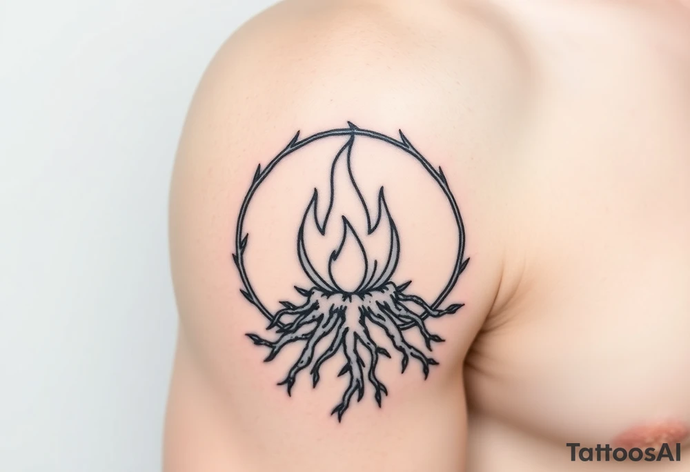 a round flame imprisoned in a roots circle tattoo idea