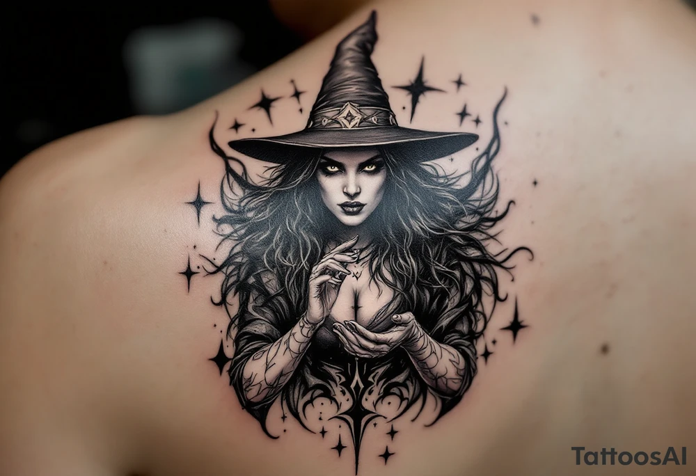 powerful wicca witch surrounded  with magic tattoo idea