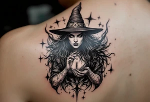 powerful wicca witch surrounded  with magic tattoo idea