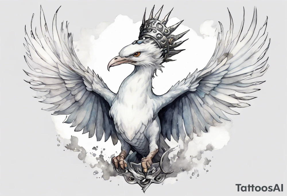 a white bird-wyrm hybrid, wearing a pewter crown on its head, flying in the air tattoo idea