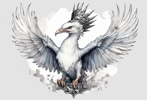 a white bird-wyrm hybrid, wearing a pewter crown on its head, flying in the air tattoo idea