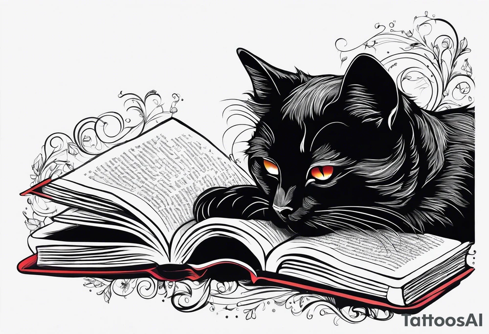 black sillhouette cat sleeping with a book sleeve tattoo tattoo idea