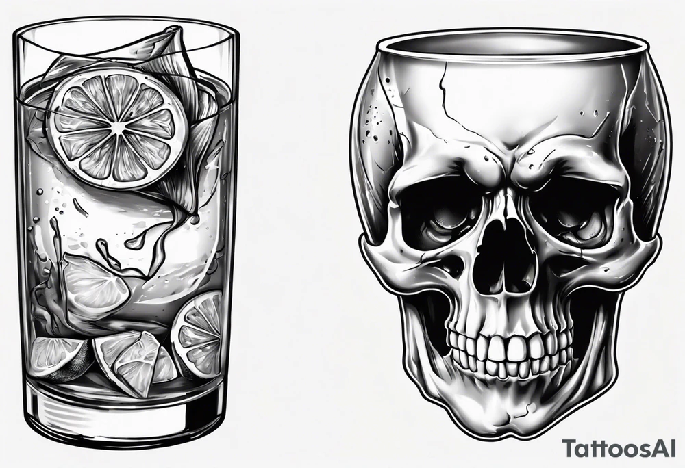A smiling looking to the left scull inside the glass with alcohol and piece of lime tattoo idea