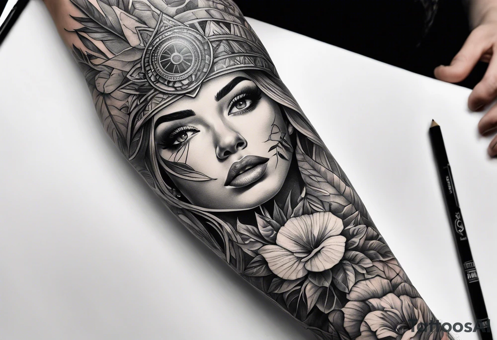 full arm sleeve, jungle plants, all-seeing eye tattoo idea