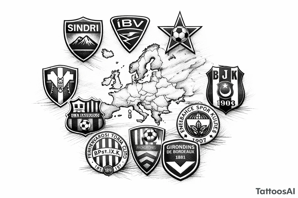 Iceland x3 (sindri, ibv, stjarnan)
Italy x2 (Verona, Sassuolo)
Spain (Logrono) 
Turkey x2 (Fenerbahce, Besiktas)
Hungary (Fradi)
France (Bordeaux) Something small that contains these countries or clubs tattoo idea