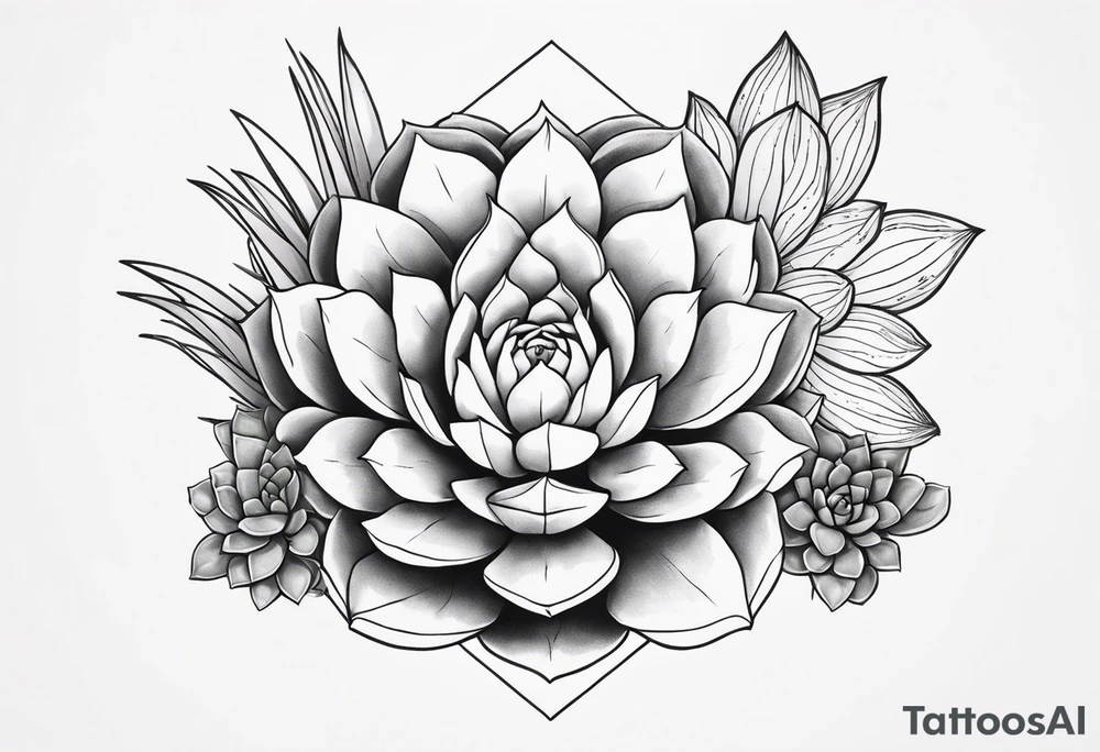 fine line. one big succulent in the middle. One smaller succulents on each side. Dots and floral
. Sternum tattoo grey scale shading tattoo idea