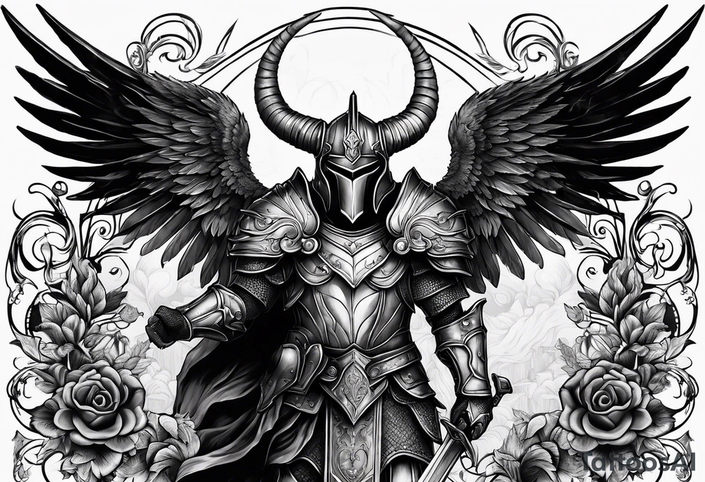 knight figure, ram's horns, angel's wings tattoo idea
