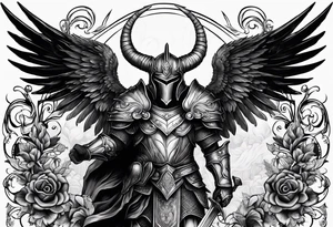 knight figure, ram's horns, angel's wings tattoo idea