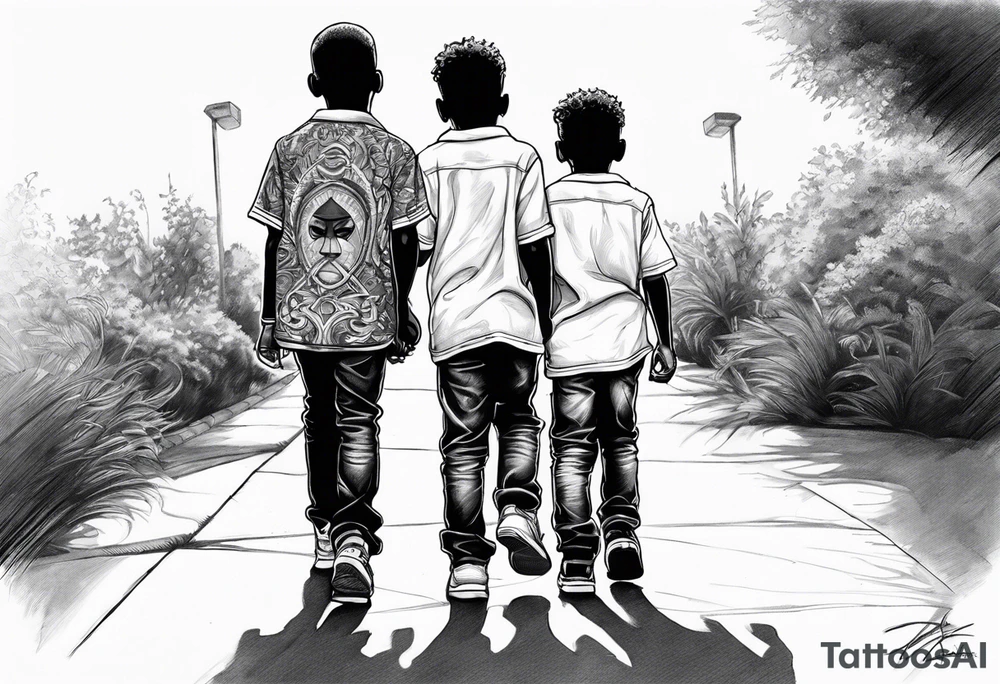 3 black school age brothers walking away together  you can see their full bodies and one is looking to the side showing the side of his face tattoo idea
