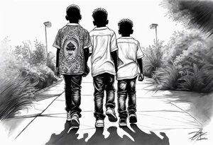 3 black school age brothers walking away together  you can see their full bodies and one is looking to the side showing the side of his face tattoo idea