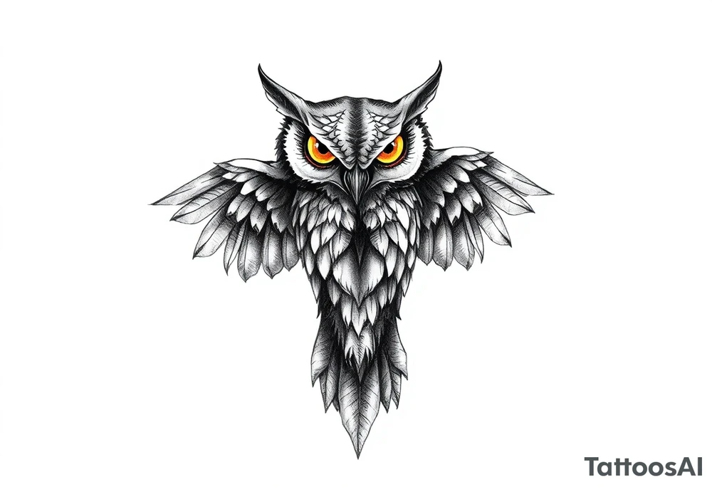 demonic owl with yellow eyes, back of leg, one wing spread wide out and the other wing wrapped inward, face covers back of calf and wing wraps around one side, wing is very large and detailed on one side tattoo idea