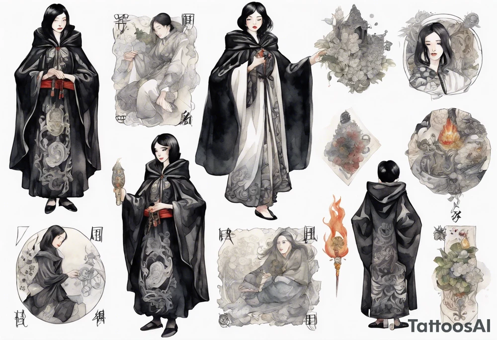 a 50-year-old black-haired woman dressed in a black and white medieval cloak, wearing slippers, surrounded in darkness tattoo idea