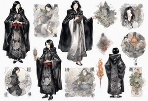 a 50-year-old black-haired woman dressed in a black and white medieval cloak, wearing slippers, surrounded in darkness tattoo idea