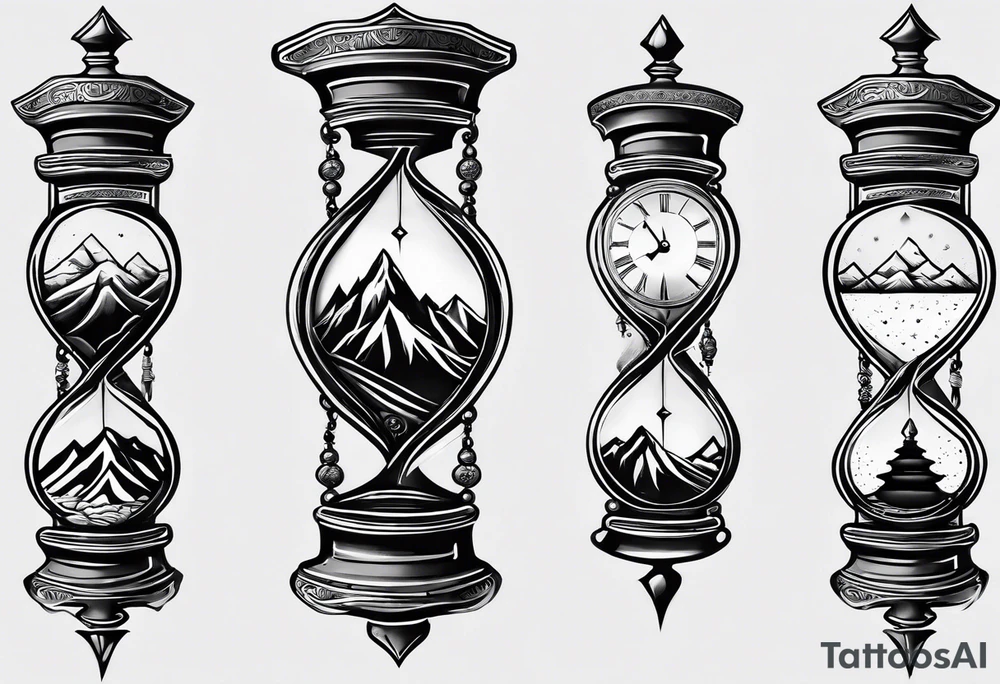 Long tattoo to fit on the forearm, masculine, minimalist, 3 tier hourglass, mountain on top, explosion in middle, mature on bottom tattoo idea