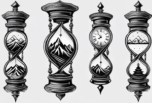 Long tattoo to fit on the forearm, masculine, minimalist, 3 tier hourglass, mountain on top, explosion in middle, mature on bottom tattoo idea