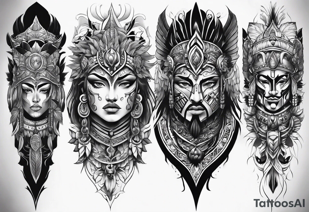 Leg sleeve tattoo of warrior heads from
 Different eras tattoo idea