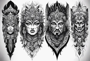 Leg sleeve tattoo of warrior heads from
 Different eras tattoo idea