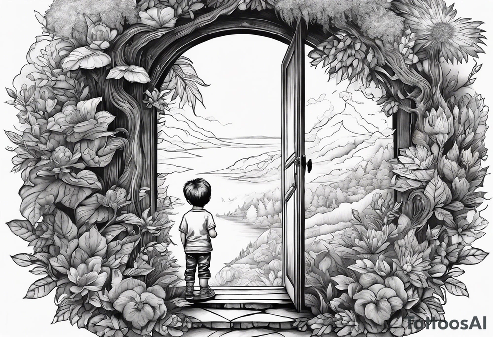 a small boy peeking into a doorway
 leading to a fantasy world filled with nature tattoo idea