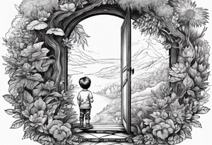 a small boy peeking into a doorway
 leading to a fantasy world filled with nature tattoo idea