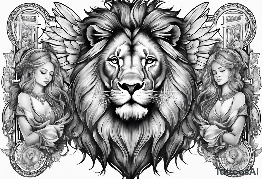 Full sleeve with Lion, cross, praying hands and angels. Incorporate the names Scarlett and Faith in the design tattoo idea