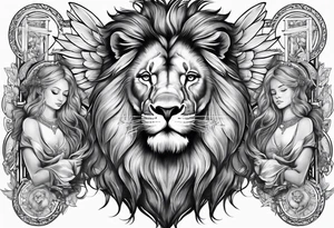 Full sleeve with Lion, cross, praying hands and angels. Incorporate the names Scarlett and Faith in the design tattoo idea