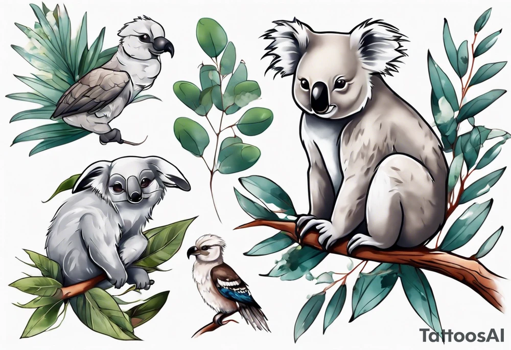 A koala with a kookaburra with eucalyptus leaves and wattle leaves tattoo idea