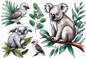 A koala with a kookaburra with eucalyptus leaves and wattle leaves tattoo idea