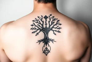 geometrical mystical tree of life with the star of David and cross cosmic roots and celestial symbols branches with HIV-positive symbol at bottom tattoo idea