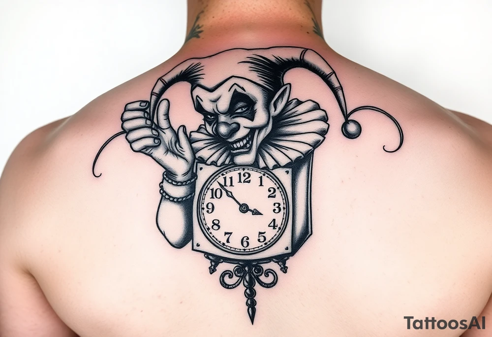 Jack in the box
Box as a clock
Spring as in smoke
Jester clown smoking on one hand drinking on the other tattoo idea