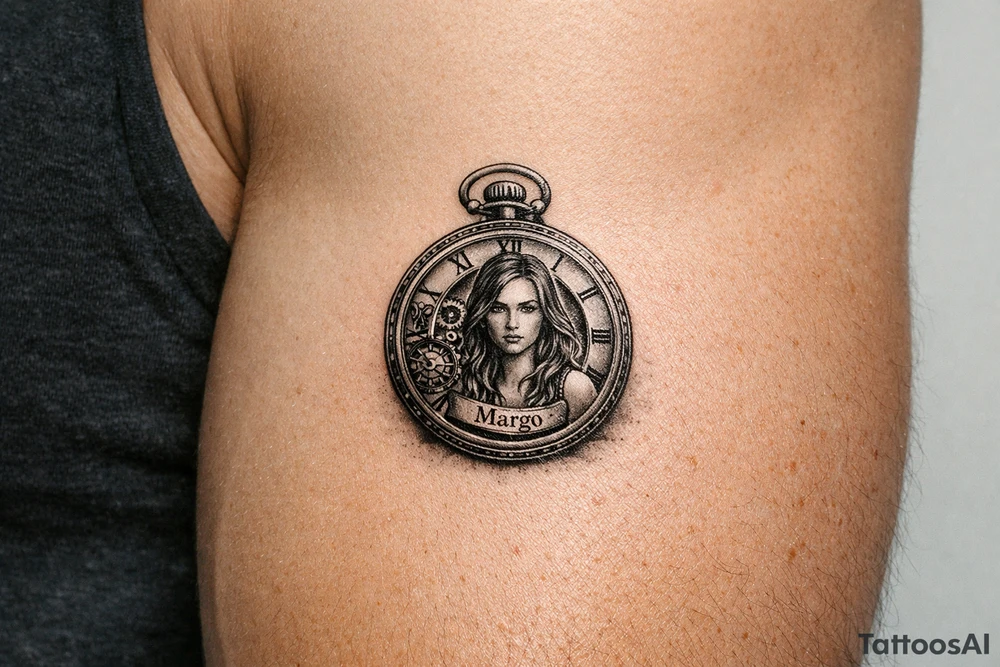 Realistic pocket watch with Margo's portrait inside, gears visible. tattoo idea