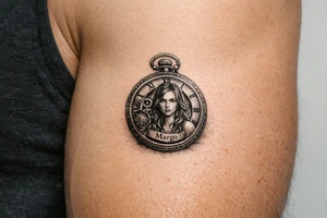 Realistic pocket watch with Margo's portrait inside, gears visible. tattoo idea