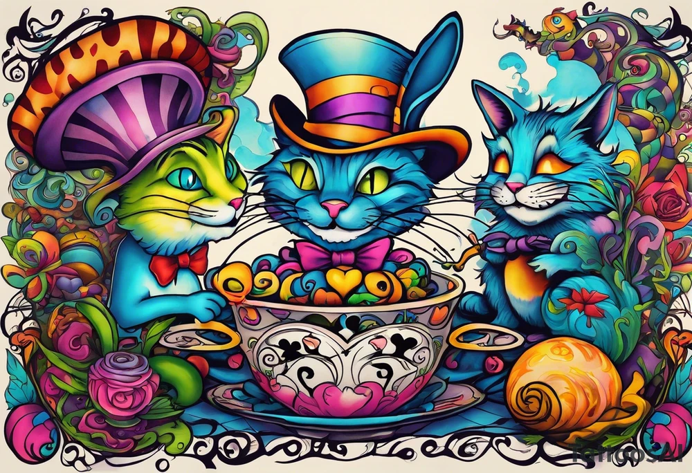 Alice in Wonderland. Mad hatter, Cheshire Cat, hook-a smoking caterpillar, eat me, drink me, we are all mad here. Colorful. Psychedelic. Playful. tattoo idea