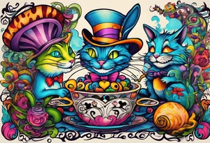 Alice in Wonderland. Mad hatter, Cheshire Cat, hook-a smoking caterpillar, eat me, drink me, we are all mad here. Colorful. Psychedelic. Playful. tattoo idea