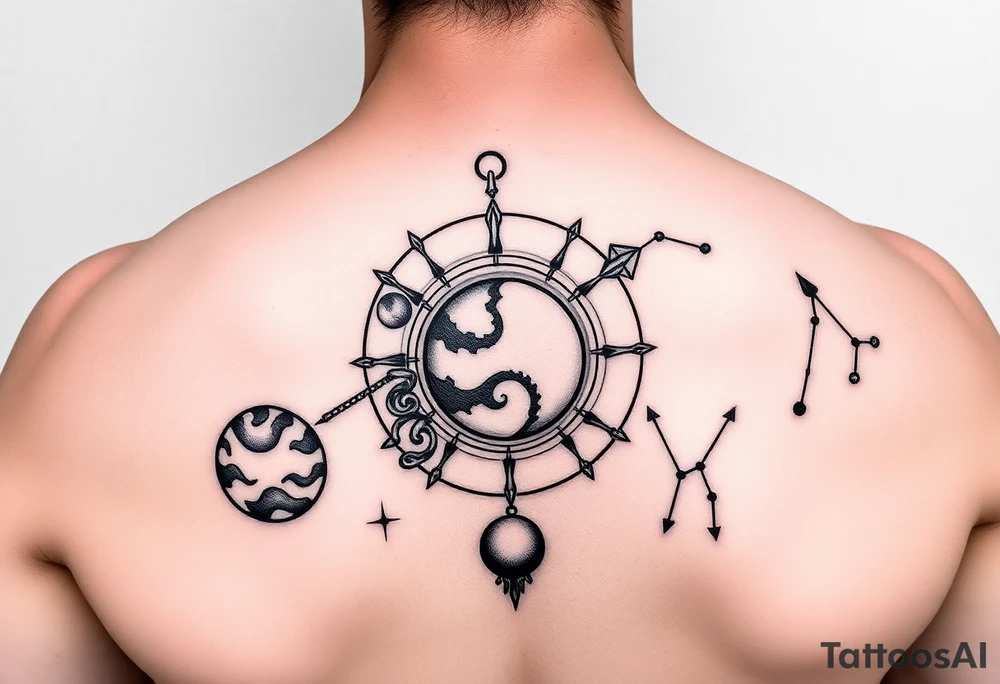 Sagittarius tattoo with fire sign , Jupiter, the moon and Mars with aries constellation. And cancers constellation tattoo idea