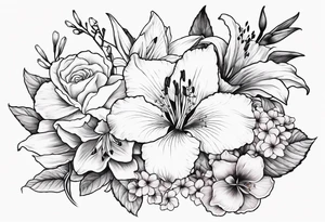 Rose, lily, gladioli, cherry blossom, forget me nots tattoo idea
